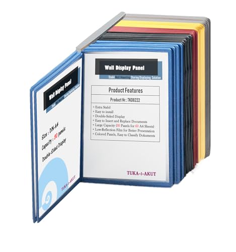 TUKA-i-AKUT Wand Sichttafelsystem 30 Sichttafeln A4, Wandhalterung mit Sichttafeln zum Anschrauben an die Wand, für Lager Werkstatt Geschäft Betrieb Labor Büro usw. Mehrfarbig, TKD8222-30x Colorful
