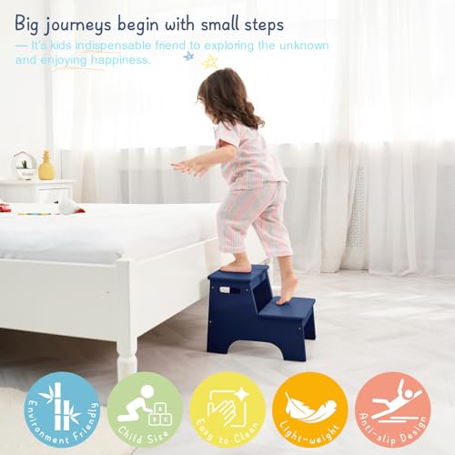 image for Forbena Navy Blue 2 Step Stool for Kids Bathroom Sink, Boys Toddler St