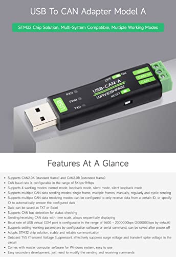 Waveshare USB to CAN Adapter Analyzer, Adopts STM32 Chip Scheme, 4 Working Modes, Stable Communication, for Windows XP/7/8/10/11, for Raspberry Pi OS/Jetson Nano Ubuntu and Other Linux System