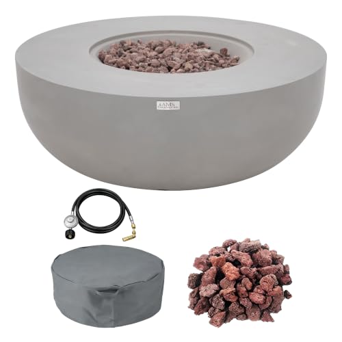 Image of AMS Creations | Eclipse 44 inch Round Cast Concrete Natural Gas Fire Pit Bowl Table | Light Gray | Smooth Texture Surface | Electronic Ignition | Outdoor Patio Heater Outside Backyard Fireplace