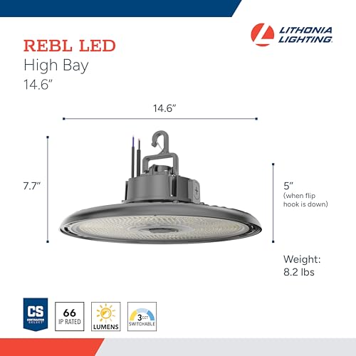 Image of Lithonia Lighting REBL Round High Bay LED Light, 24,000 /27,000 /30,000 Adjustable Lumen Output, 3500K /4000K /5000K Switchable White Color Temperature, Work Light, UVOLT 120-347V, 14.6 inch x 7.7 inch, Bronze