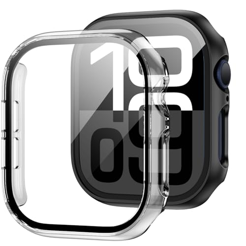 Image of JZK 2 Pack Case with Tempered Glass Screen Protector for Apple Watch Series 10 42mm,JZK Slim Guard Bumper Full Coverage Hard PC Protective Cover HD Ultra-Thin Cover for iWatch 10 42mm,Black+Clear | 2 Pack,for Apple watch Case,Hard PC Cover,Tempered Glass,Full Coverage,High Sensitive Touch,Anti-scratch,HD,Charge Directly
