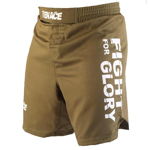 Tenace MMA Pantalón Corto - Short Entrenamiento Grappling, BJJ, Boxeo, Artes Marciales (FR/ES, Letras, S, Regular, Regular, Caqui)