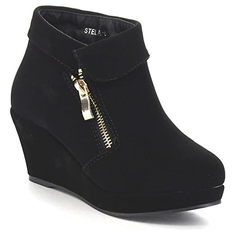 Beston Lucky Top Stella-6K Children Girl's Platform Wedge Heel Fold Over Ankle Booties Black 1 Cover