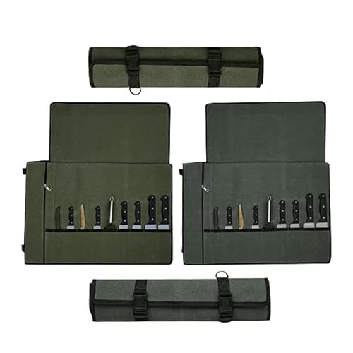 Zuperia Chef’s Knife Roll Bag- 2 Pack, Waxed Canvas Knife Cultery Carrier, Portable Chef Knife Cases, Knife Pouch Holders-10 Slots & 1 Zipper Pocket- Hold Kitchen Knife Tools Up To 18.8” (Grey/Green) #TOP16