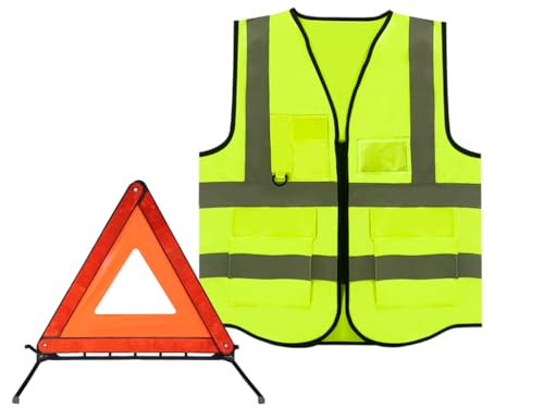 Hitopin Kit Triangle de Signalisation, 2in1 Triangle et Gilet Jaune pour Voiture, Ensemble Gilet D'avertissement, Pliable Gilet Triangle Voiture Kit, Securite Voiture Réfléchissant Kit, pour Voiture