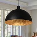 Fefoive Black and Gold Dome Pendant Light, 20 Inch Large Dome Chandelier Industrial Fixture with Gold Leaf Interior for Dining Room, Kitchen Island, Bar or loft.