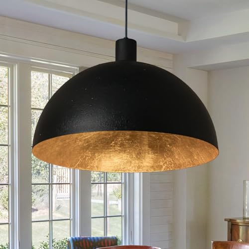 Fefoive Black and Gold Dome Pendant Light, 20 Inch Large Dome Chandelier Industrial Fixture with...