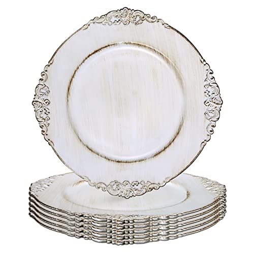 Gifturbo Antique White Charger Plates, 13" Round Chargers For Dinner Plates, Set Of 6 Plastic Charger Plate For Table Setting,Decorative Plate Chargers For Wedding,Decoration #TOP24