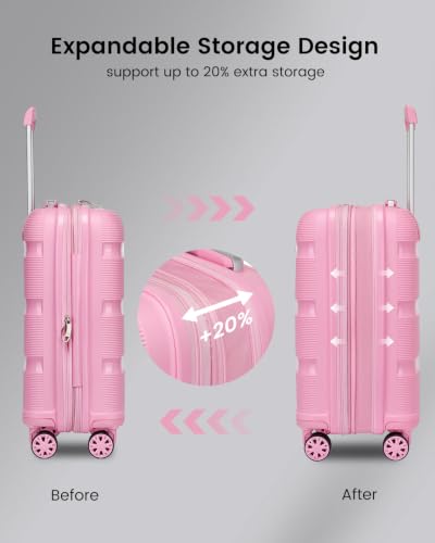 Image of Kono 3 Piece Luggage Set, 20 /24 /28 Inch Suitcases with TSA Lock, Pink | Lightweight PP Hardshell, Smooth 360 Spinner Wheels with TSA Lock for Travel Trips