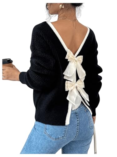 Image of Floerns Women's Colorblock Bowkbot Back Long Sleeve Sweater Cute Pullover Tops Black Large