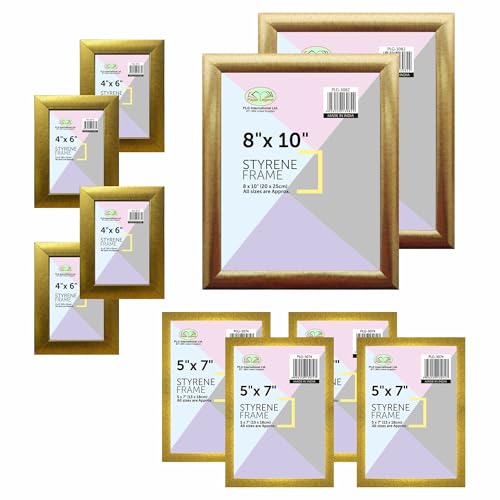 M1SS Set of 10 Gallery Wall Frame Set in Gold - Two 8x10, Four 5x7, Four 6x4 Frames - Collage Photo Frames for Wall with Horizontal and Vertical Formats for Wall and Tabletop