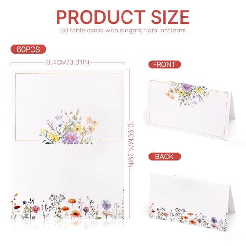 60 Stück Tischkarten mit Elegantes Blumen, Platzkarten zum Selbst Beschriften 10.9x8.4CM, Namenkarten Hochzeit Platzkarten Blumen, Namenskärtchen für Hochzeit Geburtstag Feier Gäste