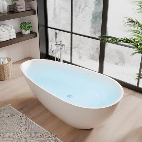 67 in Solid Surface Freestanding Bathtub, Contemporary Oval Shape Soaking Tub, Egg Shell Stone Resin Stand Alone Bathtub With Pop-Up Drain and Overflo
