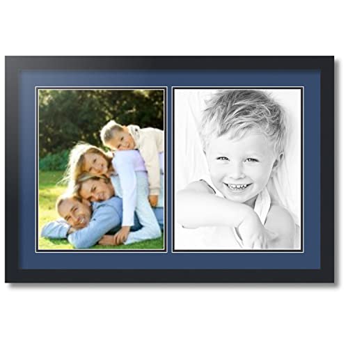 ArtToFrames Collage Photo Frame Double Mat with 2-11x14 inch Openings with Black Frame and Delft Blue Top Mat