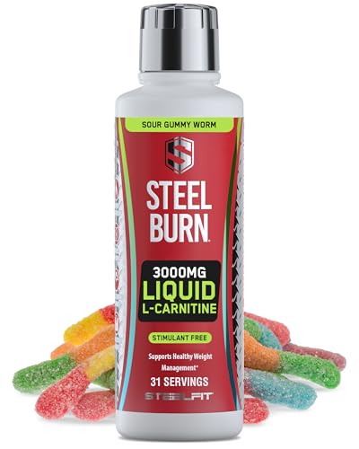SteelFit Steel Burn, Premium Liquid L-Carnitine, 3000mg - Stimulant-Free & Clean Workout Drink for Men & Women Supports Healthy Weight Loss Management & Fat Metabolism - 31 Servings, Sour Gummy Worm