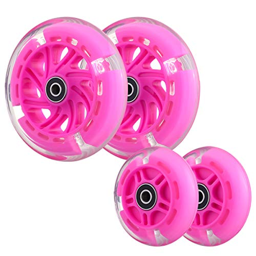 Front 120mm & Rear 80mm Light-Up Flashing 3-Wheeled Kid Scooter Replacement Wheels, Complete Wheels Set for 3-Wheeled Kid Push Scooter, Set of 4 (Pink)