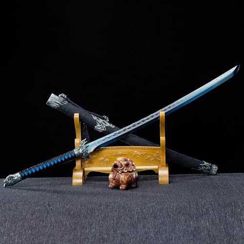 Samuraischwert Katana ungeschärft - Handgeschmiedet 1095 Kohlenstoffstahl Blaues Klingen-Finish - Echt Metall 109 5cm Deko Schwert mit Saya für Sammler Dojo Training & Anime Deko