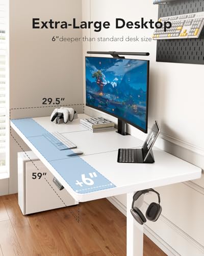 Image of HUANUO 60 x 30 inch Large Standing Desk, Powerful Brushless Motor Large Height Adjustable Table, 4 Memory Preset Stand Up Work Station Sit Stand Desk, Home Office with Thick T-Shaped Frame,White