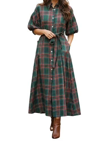 Anuedgis Klassisches Damenkleid mit Gingham-Muster, elegante Laterne, halbe Ärmel, Revers, Button-Down-Shirt, lange Kleider mit Taschen, Streetwear,...