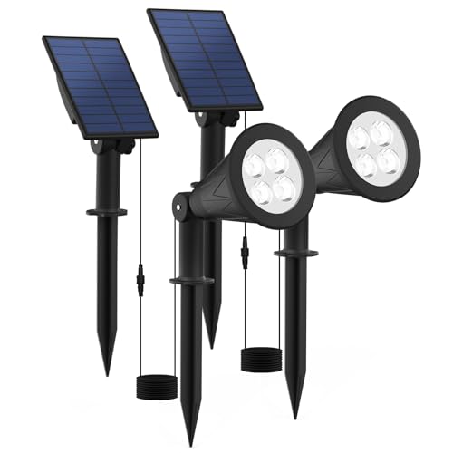 T-SUNUS Christmas Solar Powered LED Spot Light White 6000K, Separated Panel with 9.8ft Cable IP65 Waterproof Spotlights Outdoor Landscape Garden Lights for Flag Patio Yard Driveway Halloween 2 Pack