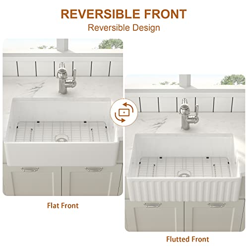 33 Inch Single Bowl White Farmhouse Sink - Lepuday Apron Front Ceramic Porcelain Fireclay Farm Kitchen Sink, Reversible Farmhouse Sinks Basins With Strainers & Bottom Grids #TOP3