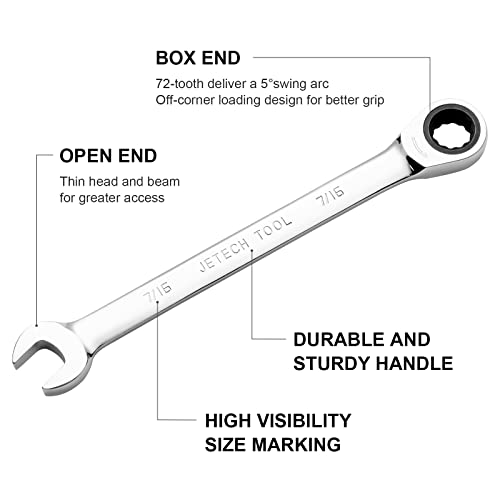 Jetech 7/16 Inch Ratcheting Combination Wrench, Industrial Grade Gear Spanner With 12-Point Design, 72-Tooth Ratchet, Made With Forged And Heat-Treated Cr-V Steel In Chrome Plating, Sae #TOP1