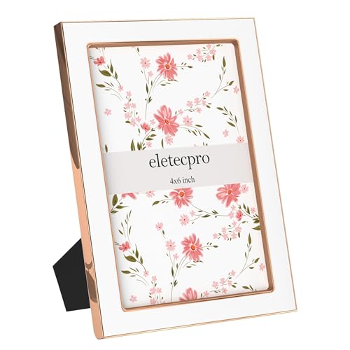 Image of eletecpro 4x6 Enamel Picture Frame Set of 2 with Real Glass Cover, Cute Photo Frame with Rose Gold Metal Edge, Horizontal and Vertical Display Pictures 4 by 6 for Tabletop and Wall Decor, White