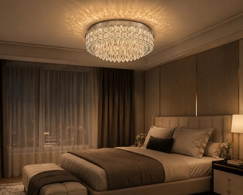Image of Modern Crystal Ceiling Light | 63W LED Chandelier /Jhoomer | Stainless Steel Pendant Lighting Fixture | 13 Inch | Warm White | Living Room, Hall, Bedroom & Dining Room