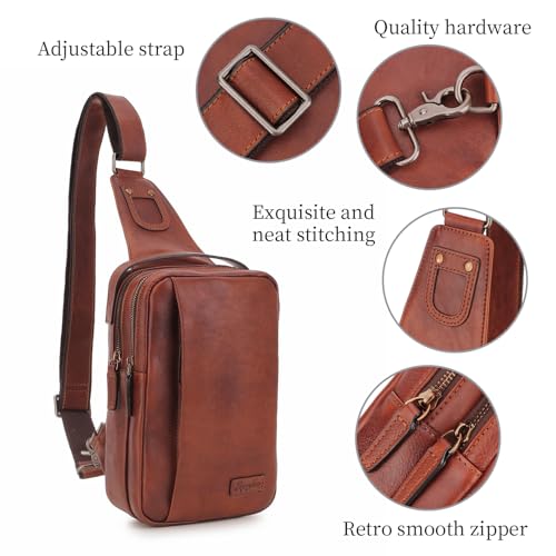 Genuine Leather Sling Bag for Men and Women Chest Bag Purse Crossbody Shoulder Bags Backpack Hiking Backpack Daypack (Brown)4