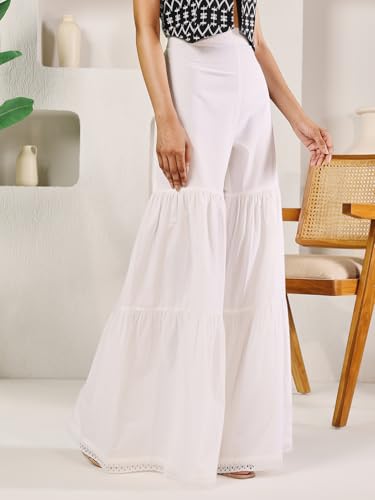 Image of FIORRA Women Relaxed Fit White Cotton Tiered Sharara