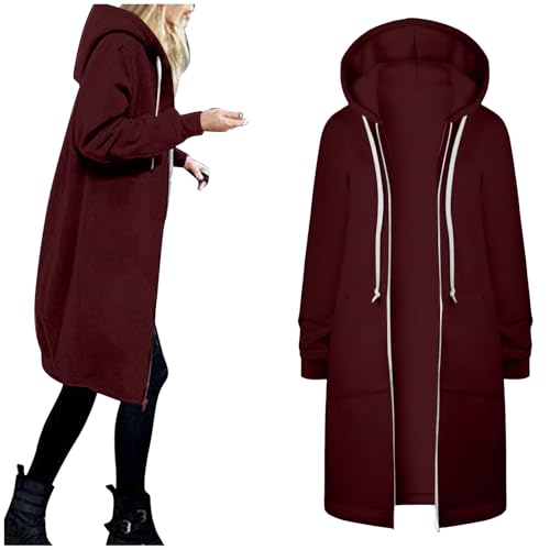 Sudadera con capucha larga para mujer, talla grande, cremallera completa, chaqueta ligera con bolsillos, sudadera holgada de manga larga, cárdigan con bolsillos, 12 vino, 5XL