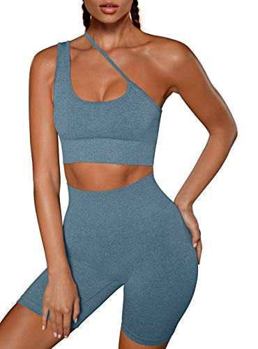 OYS Women\'s Workout 2 Piece Outfits Running Yoga Padded Racerback Sports Bra Seamless High Waist Active Shorts Sets Dark Green