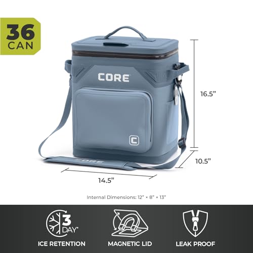 Image of CORE Magnetic Leak Proof Soft Cooler with Waterproof Zipper | Insulated Bag Portable Ice Chest Box | Best Soft Cooler for Food & Beverages for Tailgating, Car Camping, Travel, and Family Beach Picnics