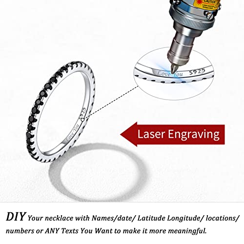 ChicSilver Personalized 2MM Black Cubic Zirconia Eternity Ring 925 Sterling Silver Engraved Custom Name Black CZ Simulated Diamond Stackable Wedding Band Ring for Women Size 73