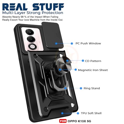 Image of Armor Bumper Back Cover Case for Oppo K13X 5G Rotating Camera Cover, Ring Holder & Kickstand | Heavy Duty & 360 Degree Protection Oppo K13X 5G Back Cover (Black)