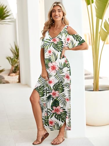 Image of BELAROI Womens Cold Shoulder Maxi Dress Plus Size V Neck Summer Sundresses with Pockets Beach Coverup Vacation Outfits