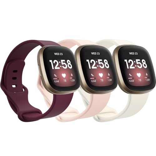Garmcool 3 Pack Correa Compatible para Fitbit Versa 4/3, Sense 2 / Sense Correas,Silicona Deportivas Suaves Ajustable para Mujer Hombre/Burdeos, Rosa, Blanco Lunar, S