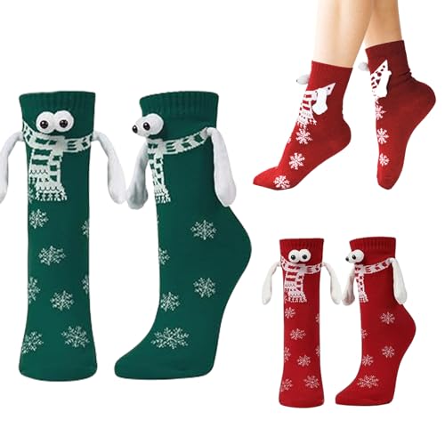 Gibocot 2 Pairs Christmas Couple Socks, Xmas Snowflake Magnetic Sock, Christmas Holding Hands Socks, Novelty Funny His and Hers Sock for Women Men, Christmas Matching Couple Gifts