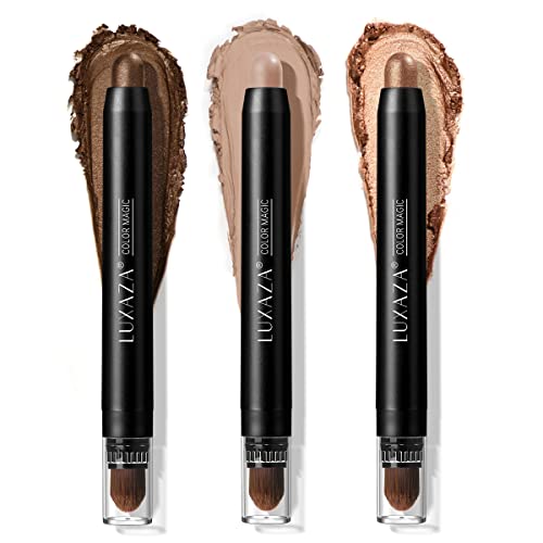 LUXAZA 3Pcs Eyeshadow Stick Set, Matte And Shimmer Creamy Eyeshadow Pencil, Brown Gold Nude Shadow Stick Set, Waterproof Long Lasting Smoky Eye Makeup