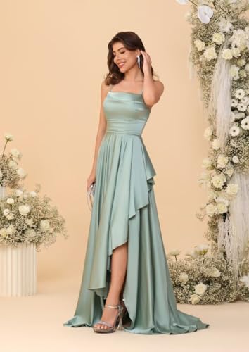 YMSHA Satin Bridesmaid Dresses for Women A Line Halter Side Slit Formal Dress YMS4472