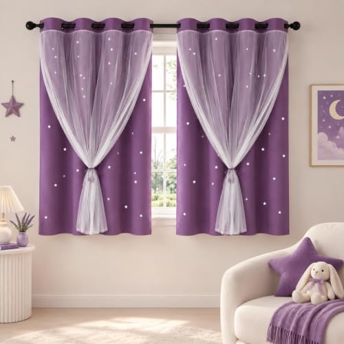 Kinryb Purple Kids Star Cutout Curtains for Bedroom 52" W x 45" L 2 Panels