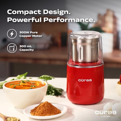 Image of Curaa AroMix Electric Spice Grinder by Chef Sanjyot Keer | 300W Copper Motor | Dry Spice, Coffee Bean & Herb Grinder | 2-Leaf Stainless Steel Blade | Detachable SS Jar | 300ml | 1 Year Warranty
