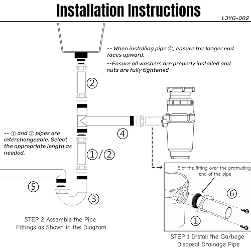 Garbage Disposal Installation Kit, Complete Kitchen Sink Drain Pipe Kit for Double Bowl Sink, 1-1/2\" Plumbing, Wall Mount Drain, Includes Elbow, P trap, Flange, and Gasket