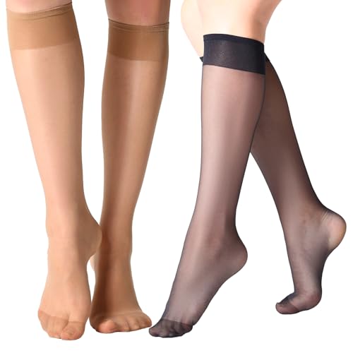 MANZI 12 Pairs Lady's Sheer Knee High Stockings for Women, Black and Natural, One size