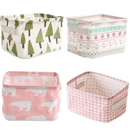 Ewanda store 4 Pcs Canvas Storage Bins Baskets Cartoon Storage Box Small Foldable Storage Baskets with Handles for Bathroom Nursery Kids Toys Home Office