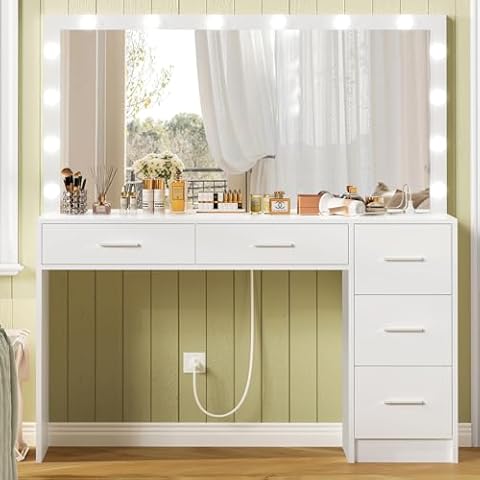 usikey 47.2" Large Vanity Desk with Lighted Mirror, 14 Lights, Makeup Vanity Table with 5 Large Drawers & Charging Station, Makeup Vanity Desk, Vanity Table Set for Bedroom, White Cover