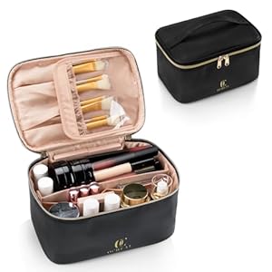 OCHEAL – Bolsa de maquillaje portátil para cosméticos, estuche organizador de viaje de gran capacidad para mujeres, bolsa de aseo para niñas, con asa y divisor, negro