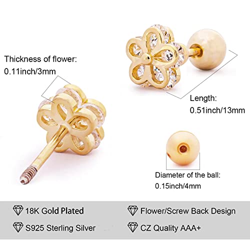 925 Sterling Silver 18K Gold Plated Cubic Zirconia Screw Back Cute Hypoallergenic Flower Stud Earrings For Women And Girl 2 Pairs #TOP3