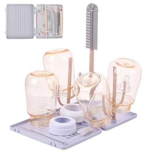 Set de Cepillo para Biberones con Limpia Biberones Silicona, Cepillo para Tetinas y Pajitas, Escurridor de Biberon, Caja de Almacenamiento, Ideal para Casa y Viajes, Gris